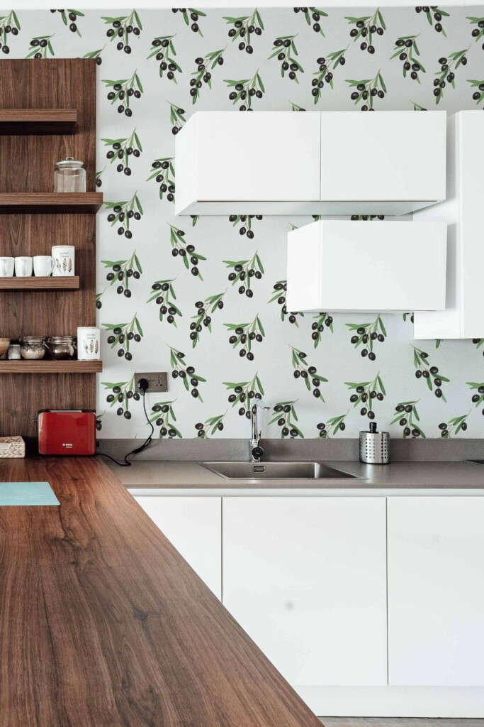 Rustic Scandinavian style kitchen decorated with Black olive peel and stick wallpaper