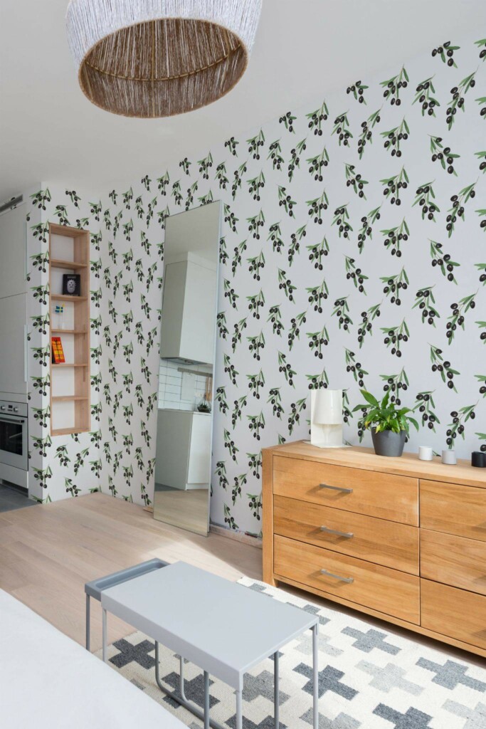 Scandinavian style small apartment decorated with Black olive peel and stick wallpaper