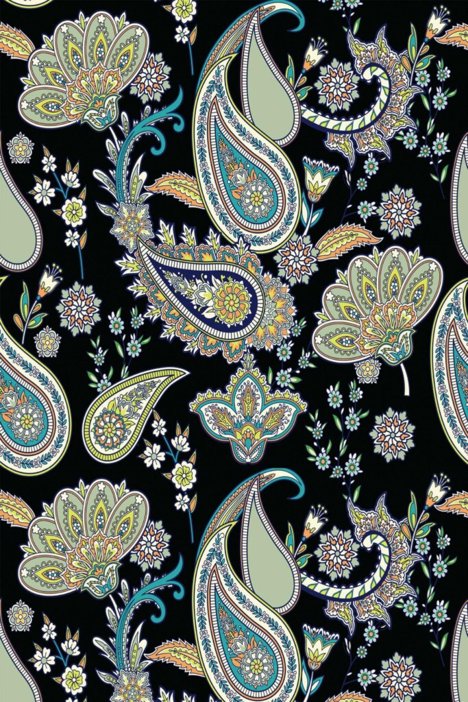 Pattern repeat of Black paisley removable wallpaper design