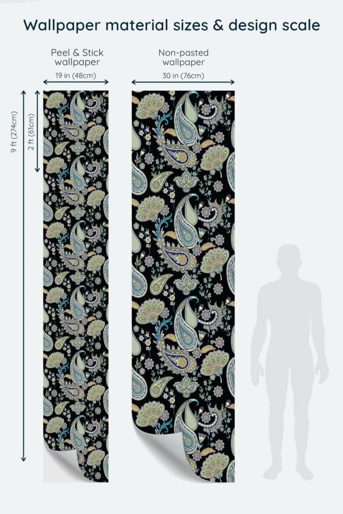 Size comparison of Black paisley Peel & Stick and Non-pasted wallpapers with design scale relative to human figure