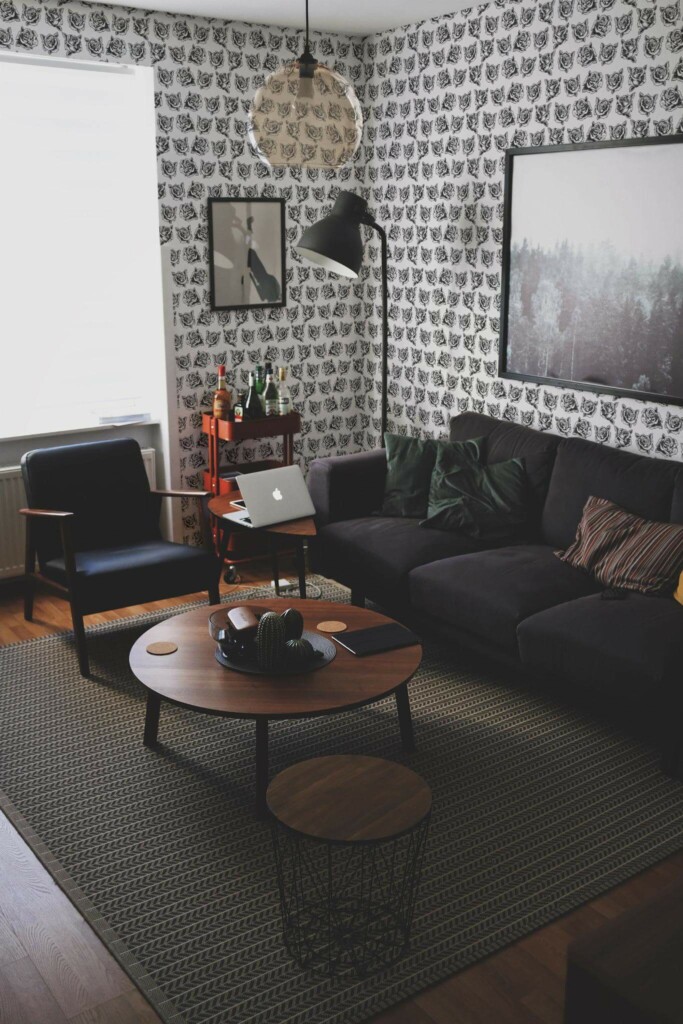 Modern dark industrial style living room decorated with Black roses peel and stick wallpaper