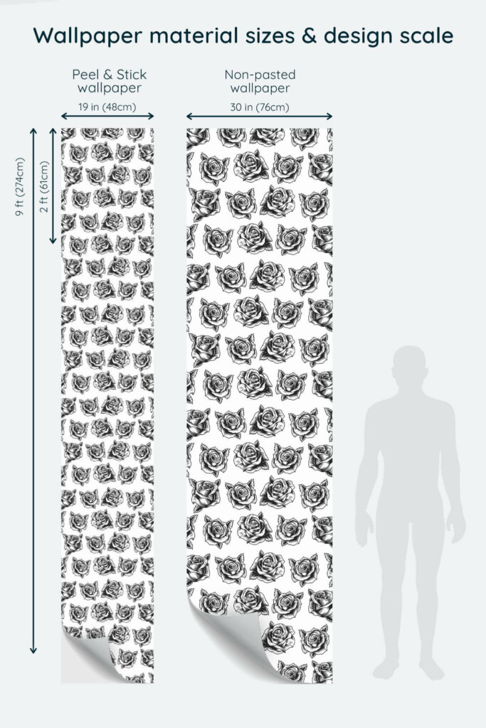 Size comparison of Black roses Peel & Stick and Non-pasted wallpapers with design scale relative to human figure