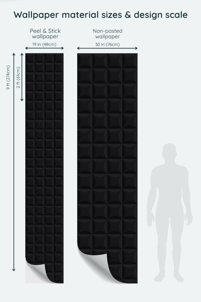 Size comparison of Black seamless geometric Peel & Stick and Non-pasted wallpapers with design scale relative to human figure