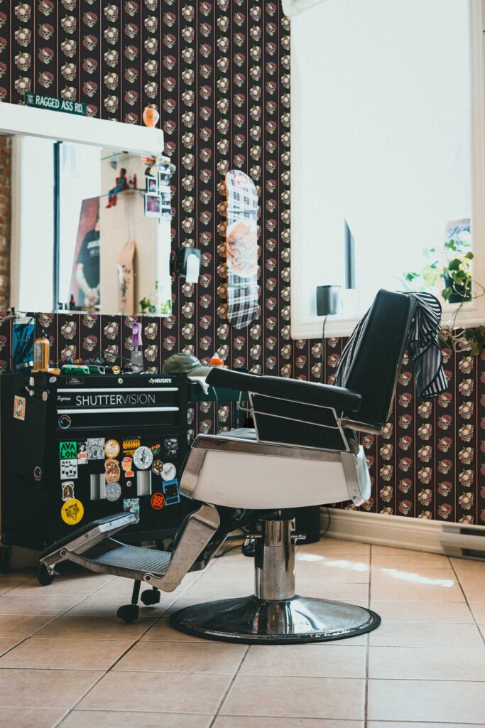 Fancy Walls peel and stick wallpaper with black skull design for barber shop walls