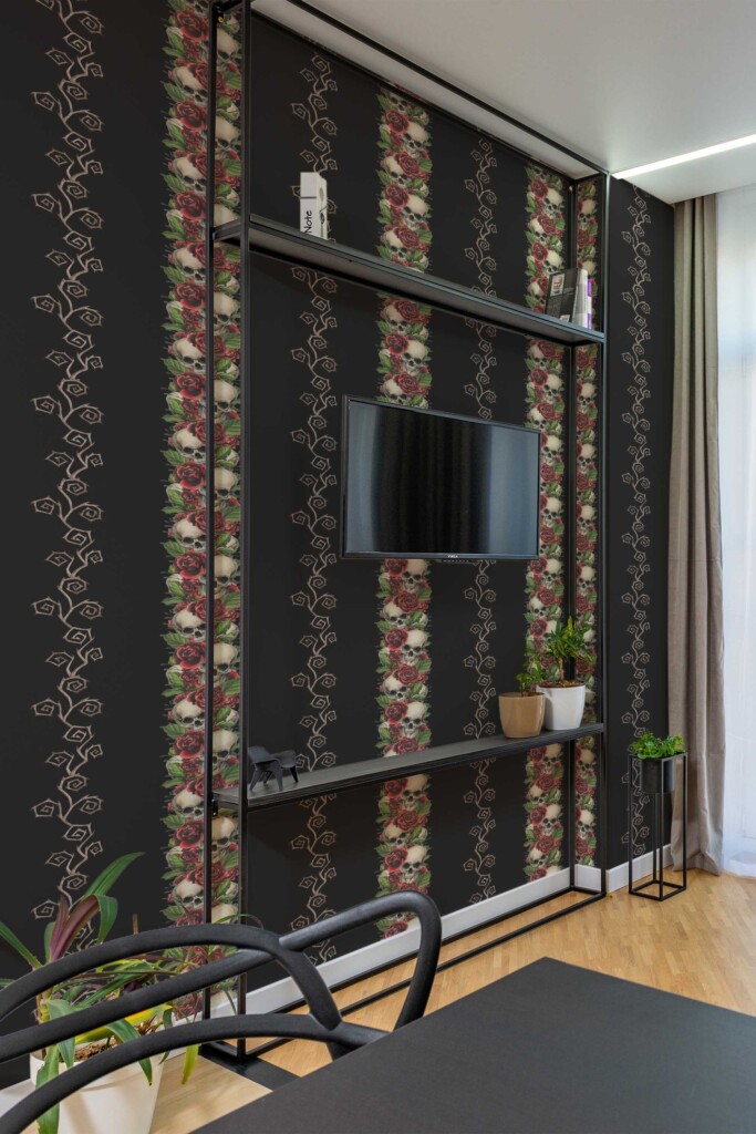 Fancy Walls removable wallpaper with black skull pattern for accent wall