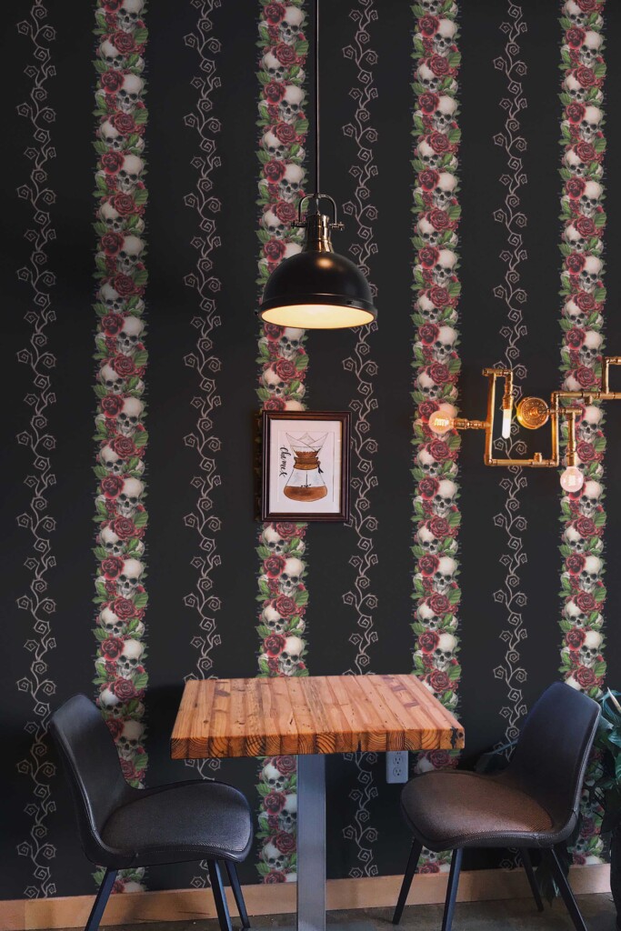 Fancy Walls peel and stick wallpaper in black skull pattern for accent wall