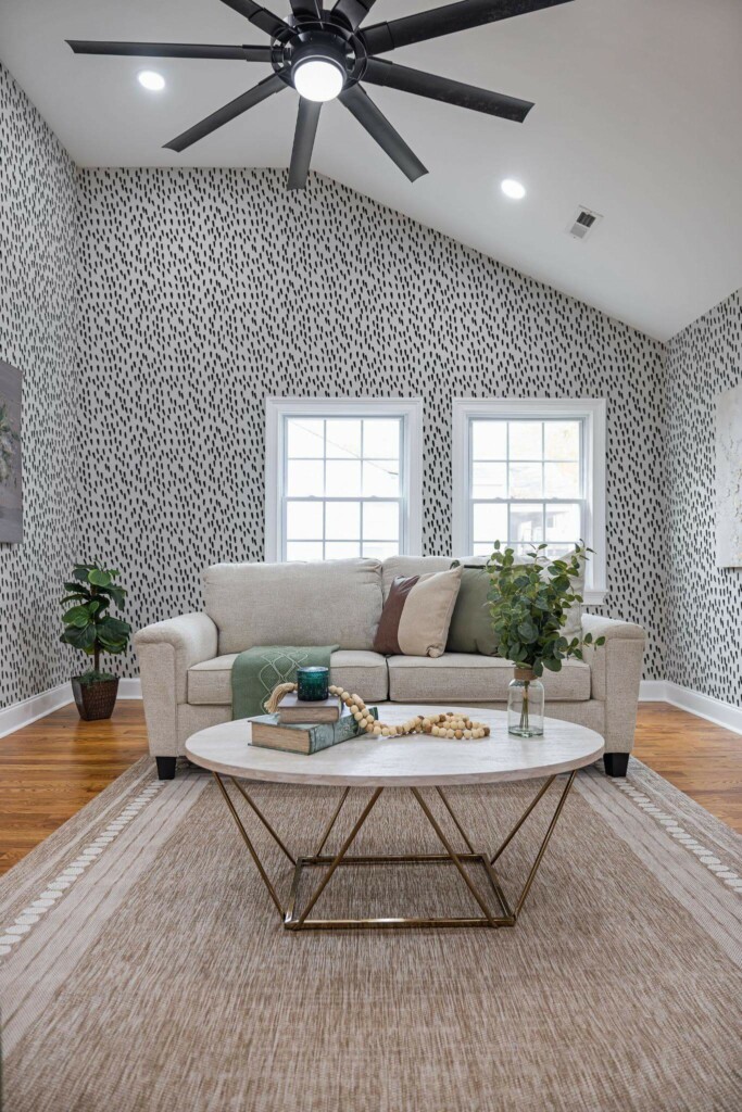 Scandinavian style living room decorated with Black small Brush stroke peel and stick wallpaper
