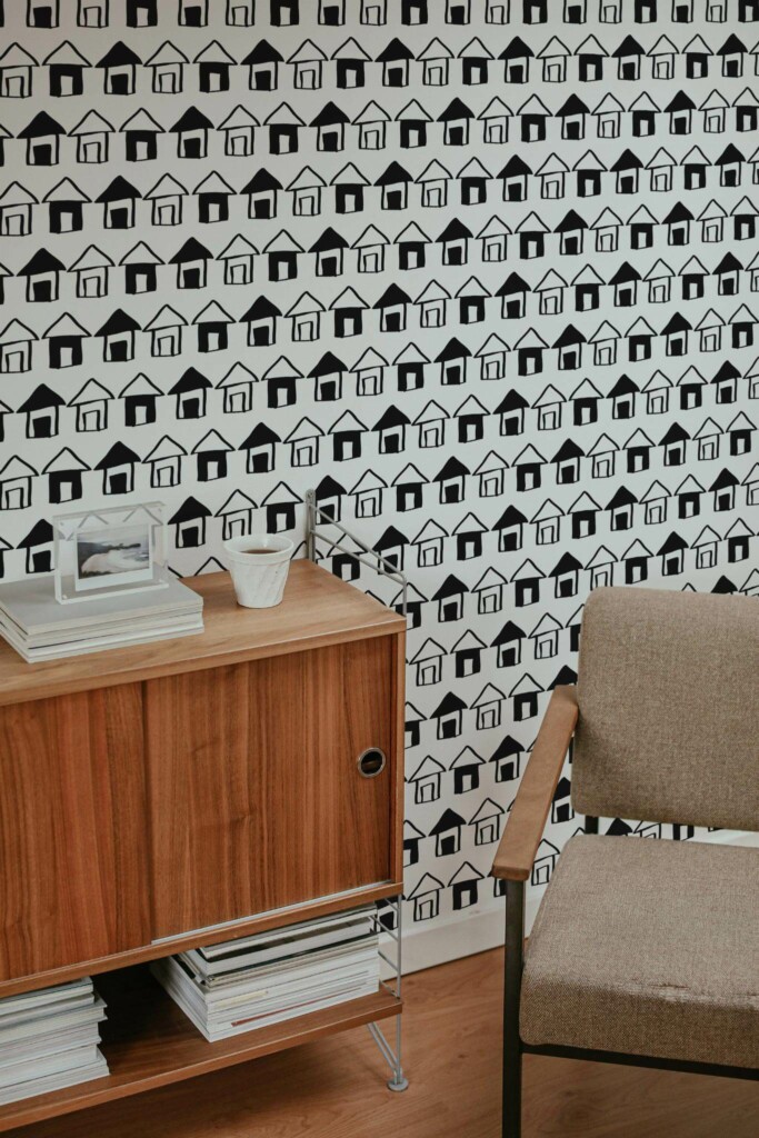 Mid-century style living room decorated with Black small house peel and stick wallpaper