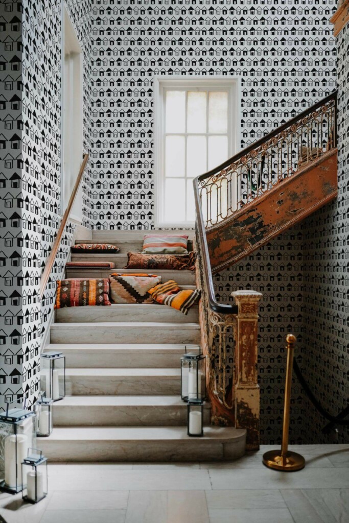 Victorian style hallway decorated with Black small house peel and stick wallpaper