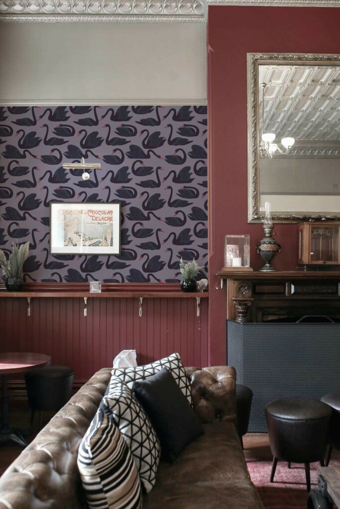 Rustic traditional style living room decorated with Black swan peel and stick wallpaper