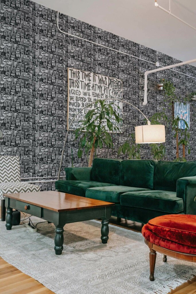 Bold eclectic style living room decorated with Black town peel and stick wallpaper and emerald green sofa