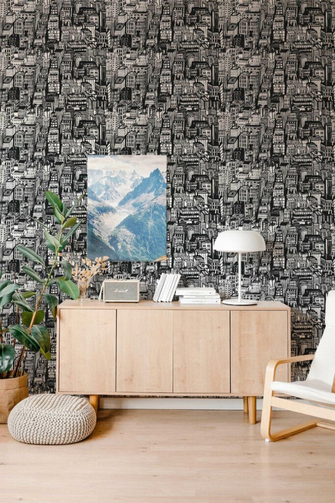 Scandinavian style living room decorated with Black town peel and stick wallpaper