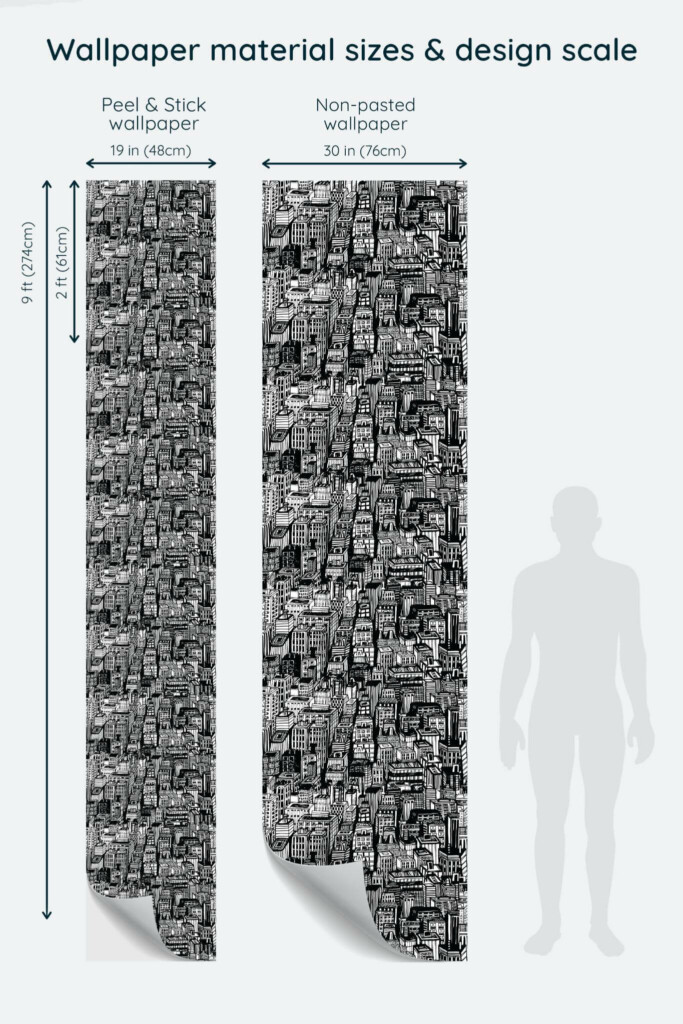 Size comparison of Black town Peel & Stick and Non-pasted wallpapers with design scale relative to human figure
