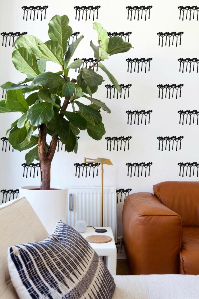 Mid-century style living room decorated with Black trees peel and stick wallpaper