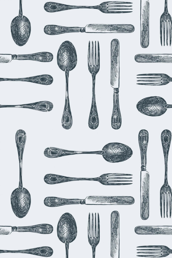 Pattern repeat of Black vintage cutlery removable wallpaper design
