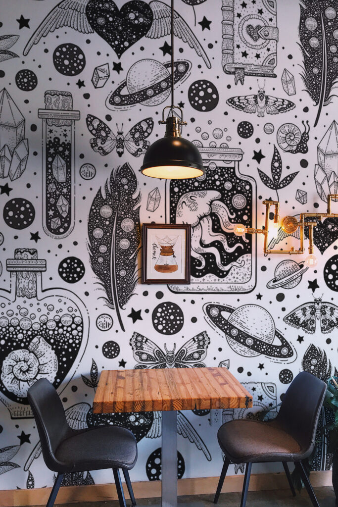 Black and white removable wall mural with celestial elements by Fancy Walls