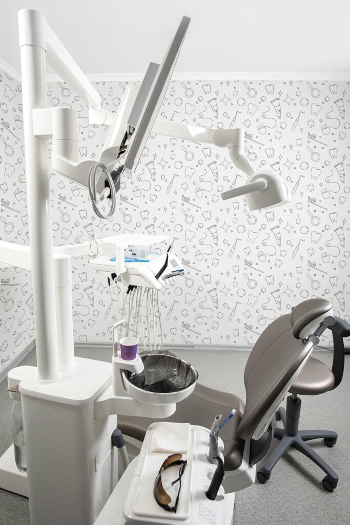 Wallpaper for walls with black and white dental sketches from Fancy Walls. Tooth Time wallpaper peel and stick or non-pasted