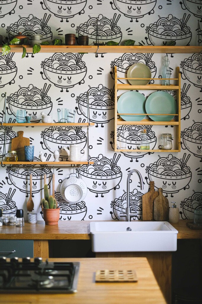 Fancy Walls Black and white Fun wallpaper for Cafe walls in Cute Kawaii style removable wallpaper.