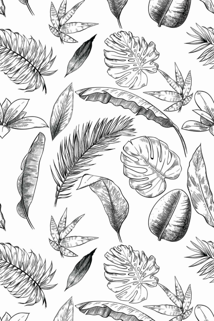 Pattern repeat of Black White Palms removable wallpaper design