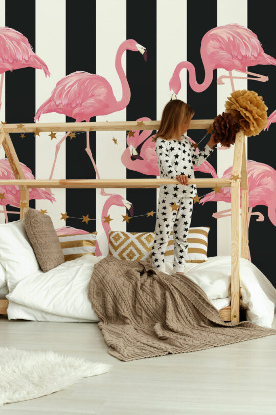 Black and white Striped Flamingos wall mural peel and stick by Fancy Walls