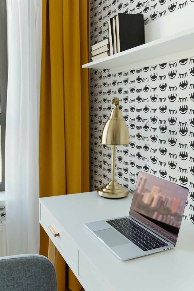 Scandinavian style home office decorated with Blinking eyes peel and stick wallpaper