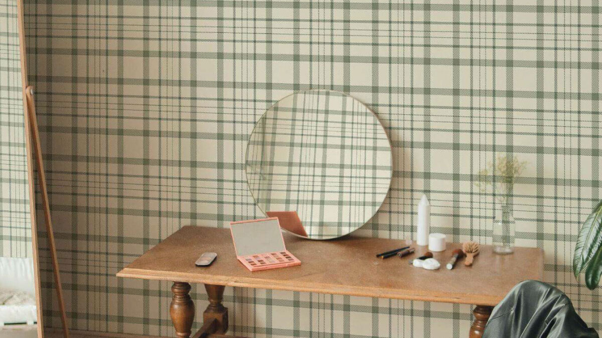 What is Country Chic - Fancy Walls Country Chic Wallpaper on the wall behind the mirror and table