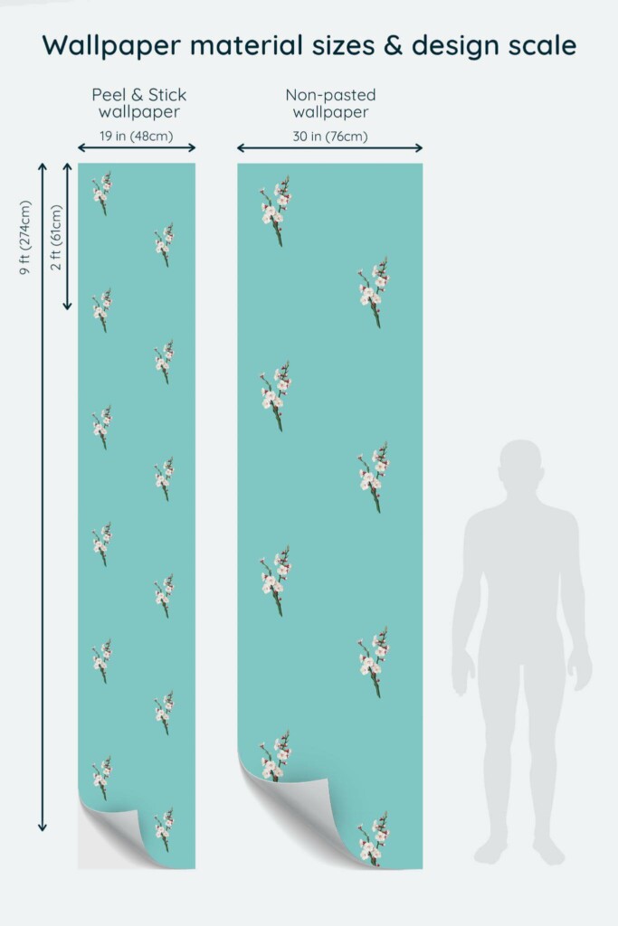 Size comparison of Blooming blossom Peel & Stick and Non-pasted wallpapers with design scale relative to human figure