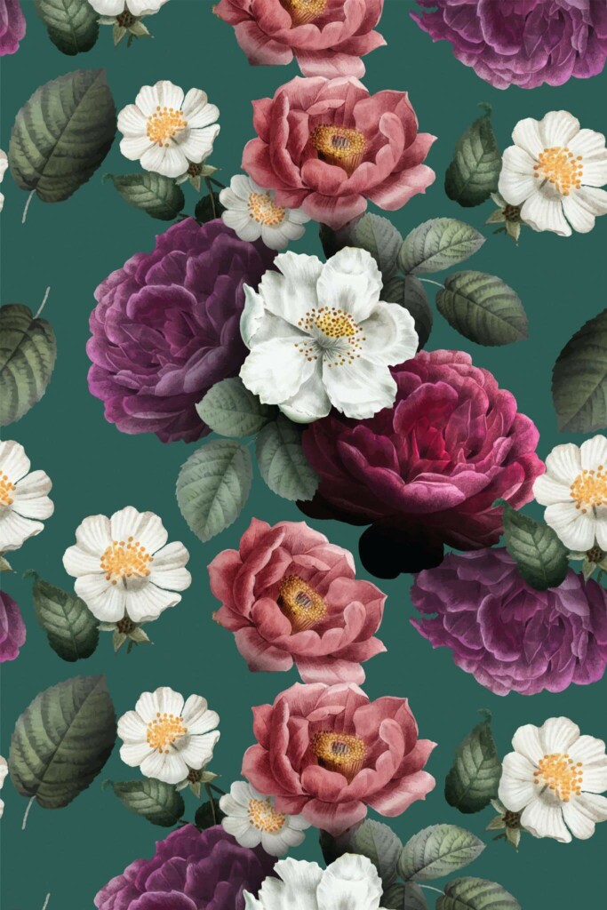 Pattern repeat of Blooming roses removable wallpaper design