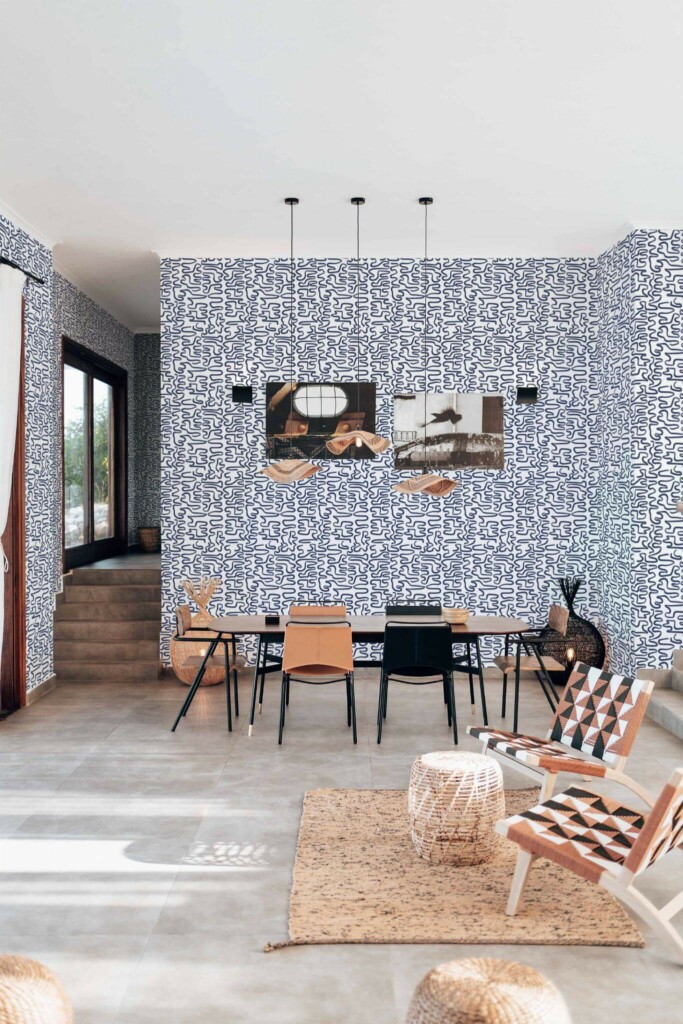 Modern boho style living dining room decorated with Blue abstract Brush stroke peel and stick wallpaper