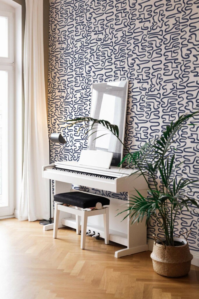 Modern style living room with a piano decorated with Blue abstract Brush stroke peel and stick wallpaper