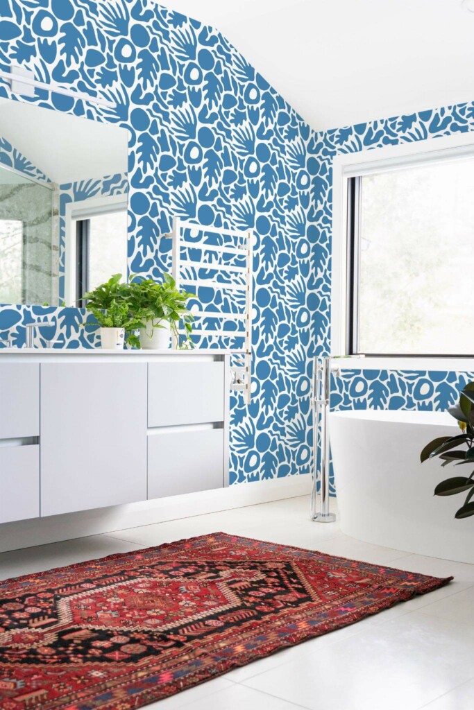 Boho style bathroom decorated with Blue abstract coral peel and stick wallpaper