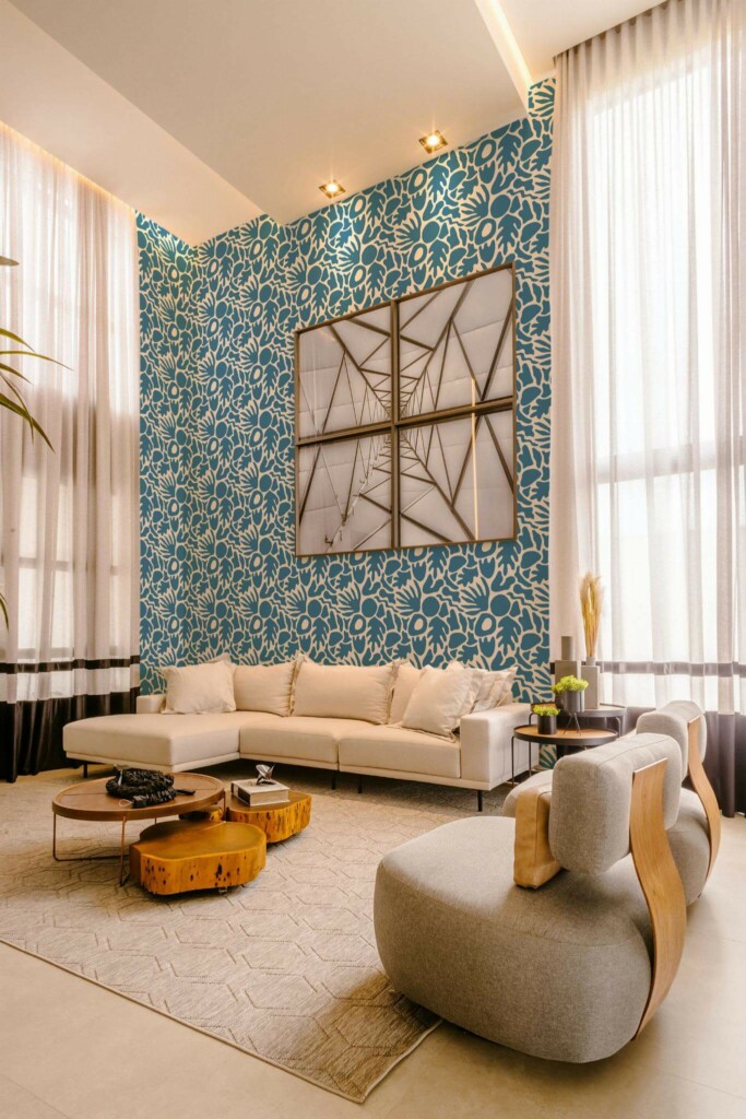 Contemporary style living room decorated with Blue abstract coral peel and stick wallpaper