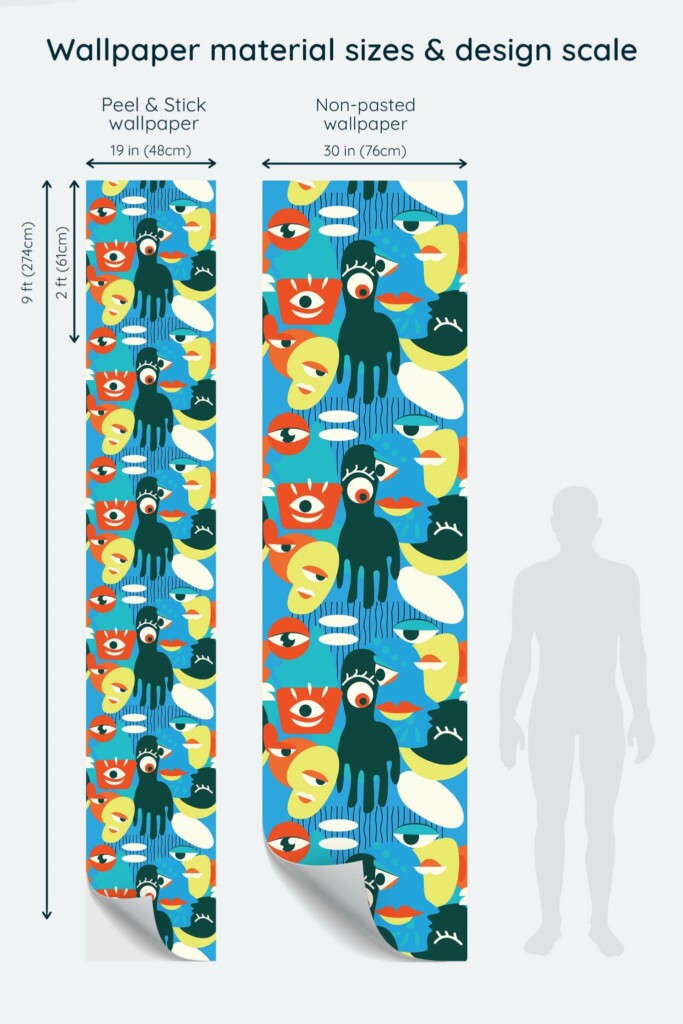 Size comparison of Blue Abstract Faces Peel & Stick and Non-pasted wallpapers with design scale relative to human figure