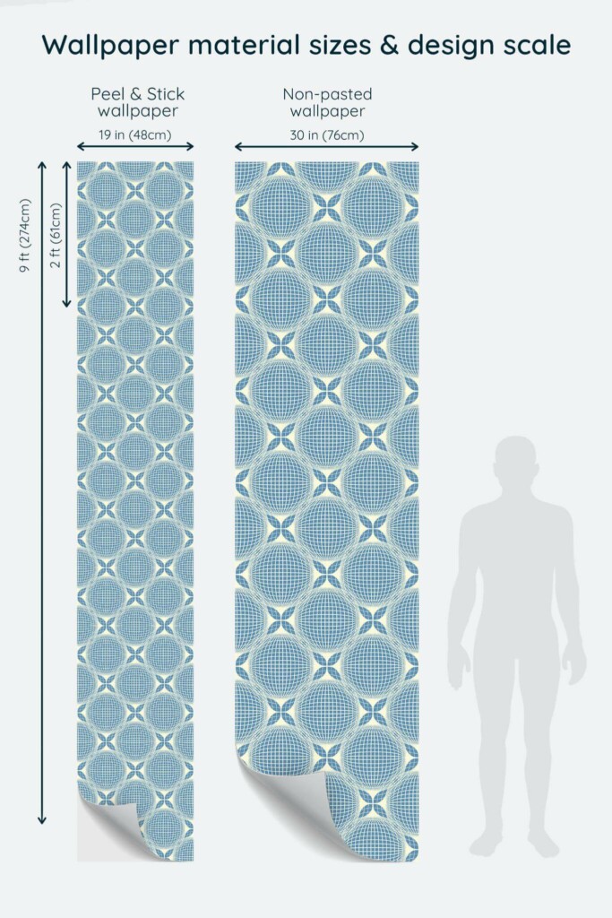 Size comparison of Blue abstract geometric Peel & Stick and Non-pasted wallpapers with design scale relative to human figure