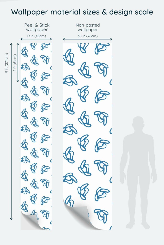 Size comparison of Blue abstract shape Peel & Stick and Non-pasted wallpapers with design scale relative to human figure