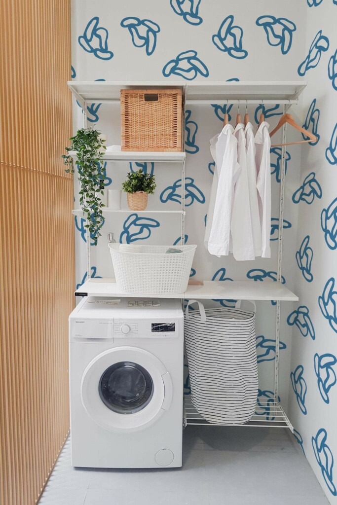 Boho modern style laundry room decorated with Blue abstract shapes peel and stick wallpaper