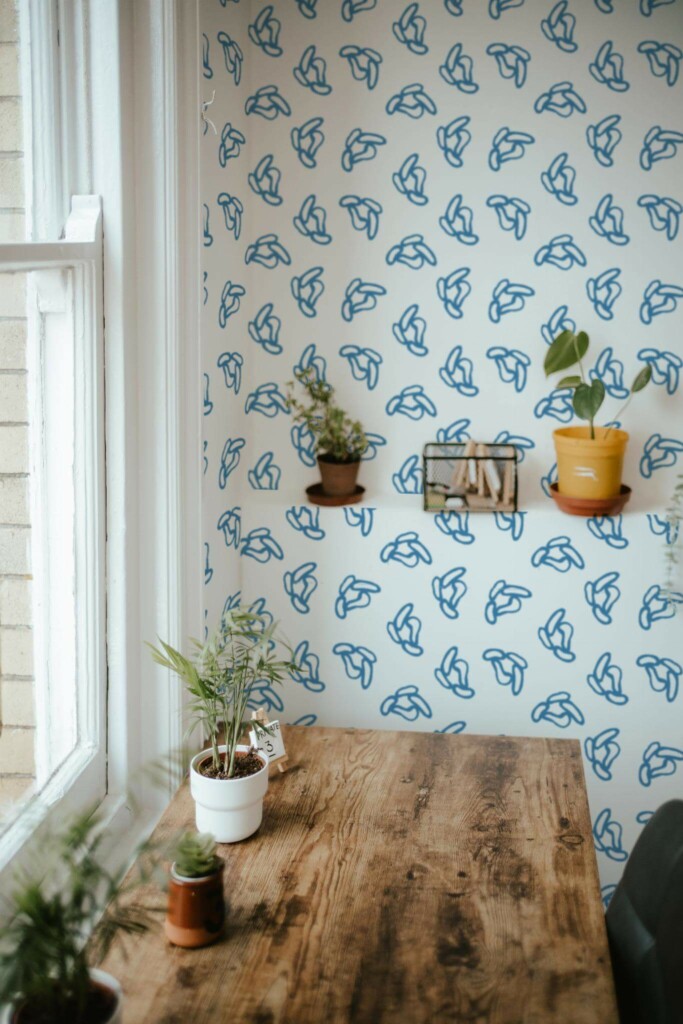 Farmhouse style home office decorated with Blue abstract shapes peel and stick wallpaper