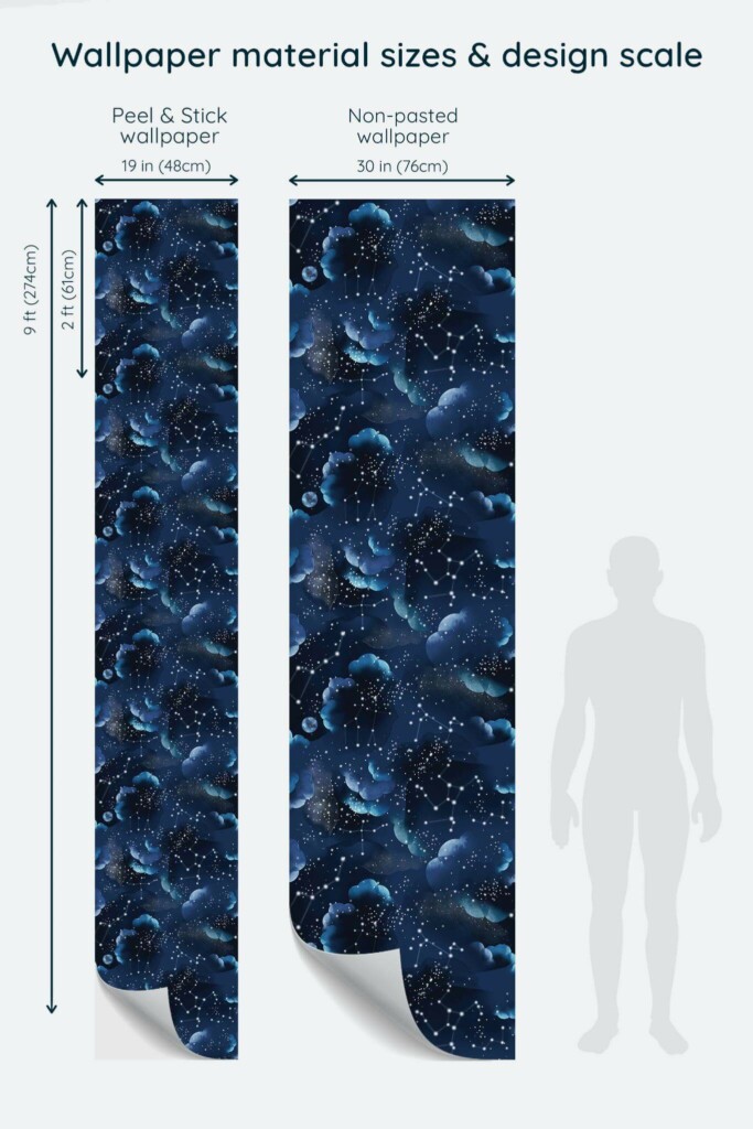 Size comparison of Blue Aesthetic Stars Peel & Stick and Non-pasted wallpapers with design scale relative to human figure