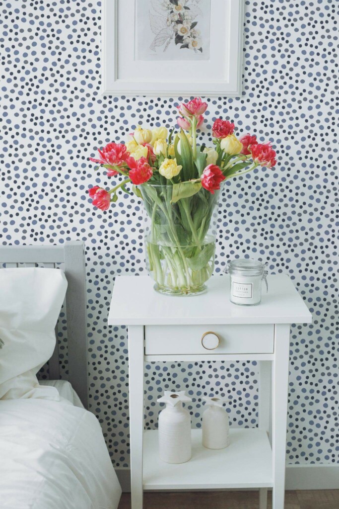 Farmhouse style bedroom decorated with Blue and gray dotted peel and stick wallpaper