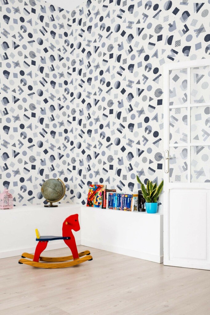 Scandinavian style kids room decorated with Blue and gray letters peel and stick wallpaper
