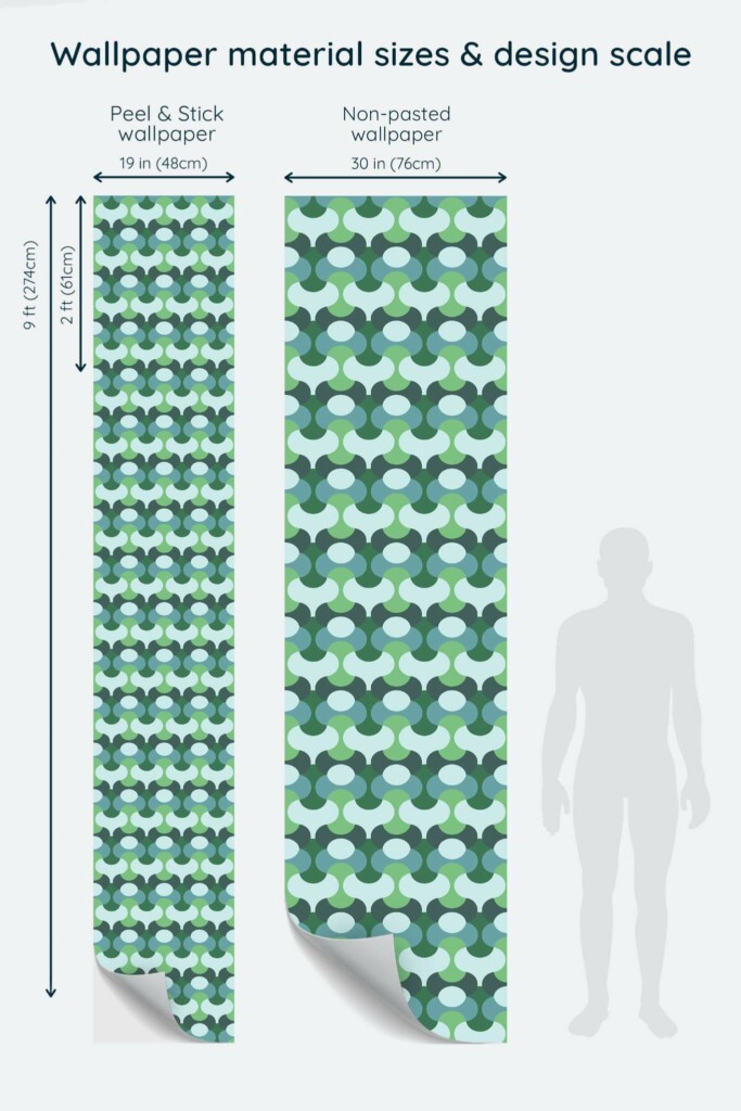 Size comparison of Blue and green retro Peel & Stick and Non-pasted wallpapers with design scale relative to human figure