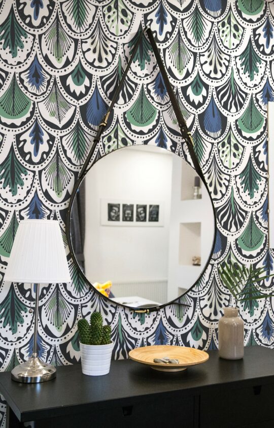 feather blue and green traditional wallpaper