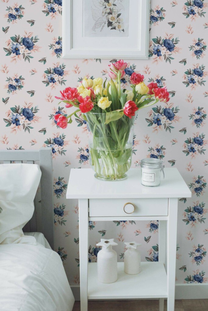 Farmhouse style bedroom decorated with Blue and pink rose peel and stick wallpaper