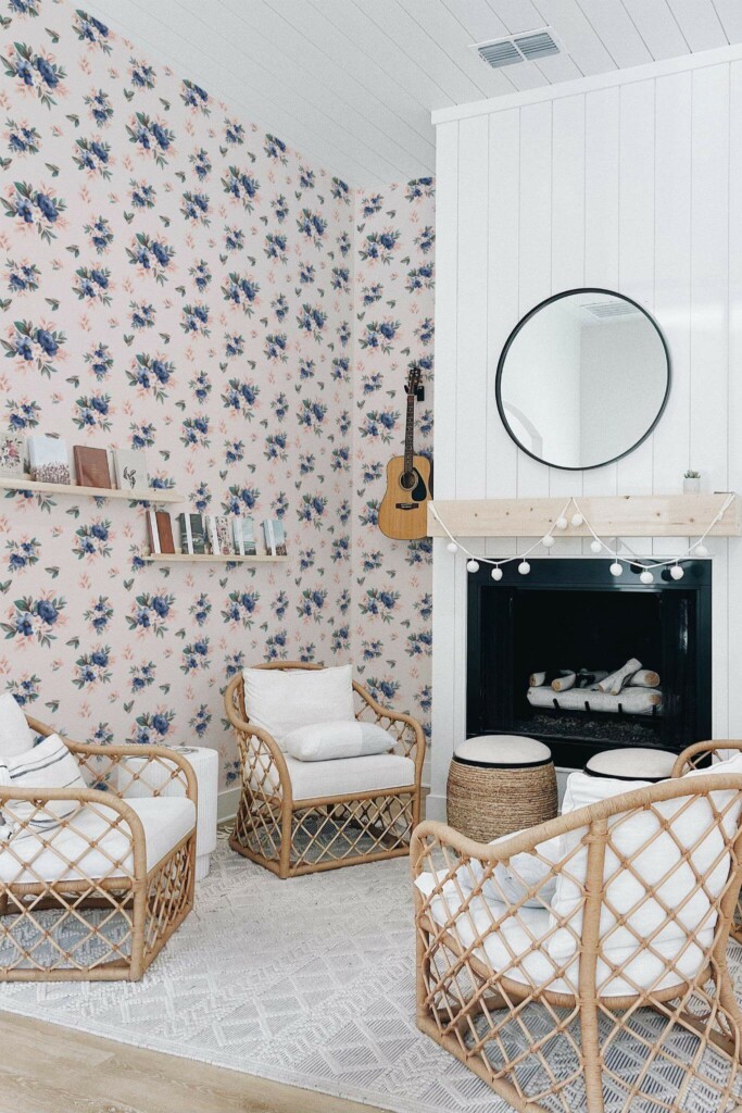 Minimal bohemian style living room decorated with Blue and pink rose peel and stick wallpaper