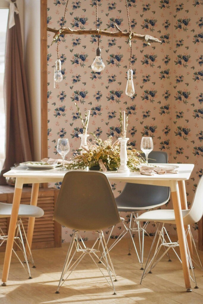 Modern boho style dining room decorated with Blue and pink rose peel and stick wallpaper