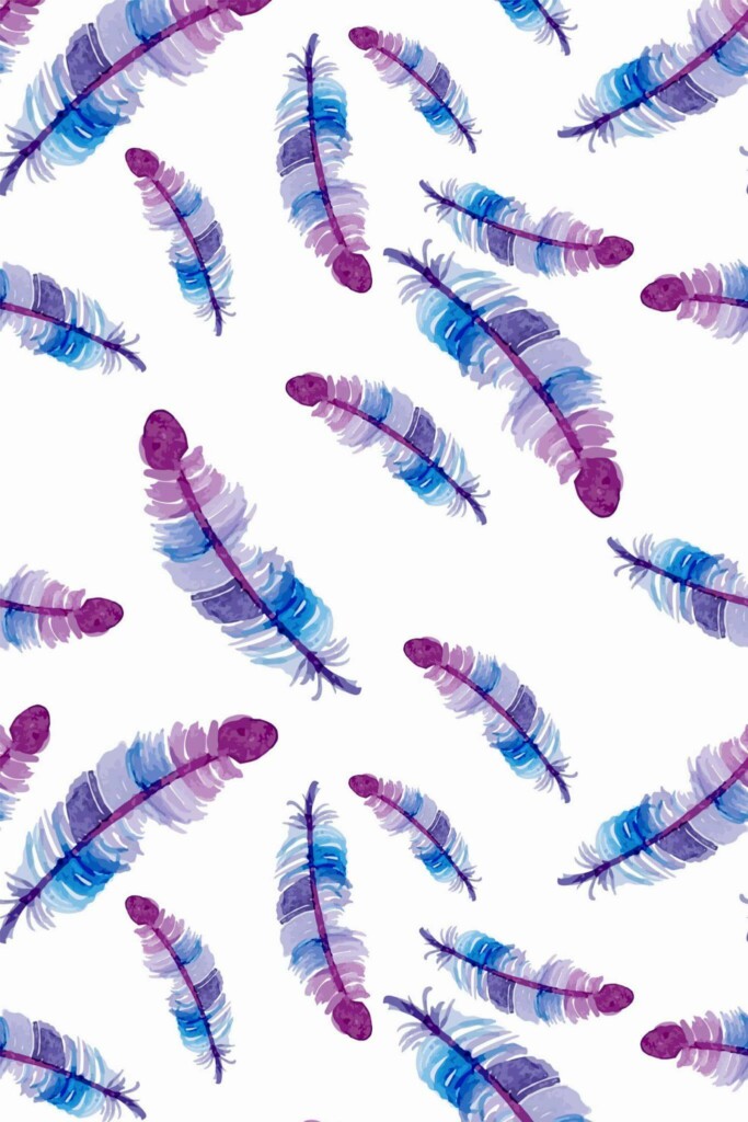 Pattern repeat of Blue and purple feather removable wallpaper design