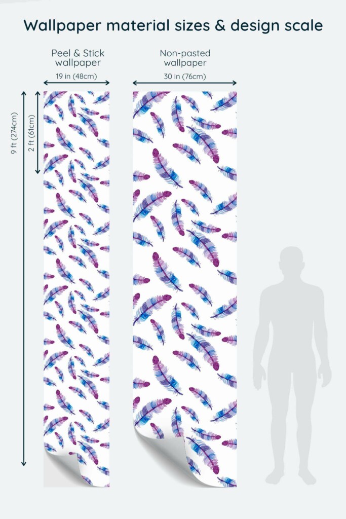 Size comparison of Blue and purple feather Peel & Stick and Non-pasted wallpapers with design scale relative to human figure