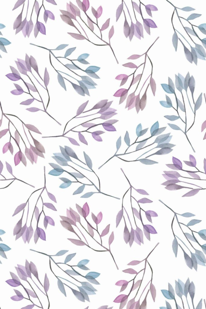 Pattern repeat of Blue and purple leaf removable wallpaper design