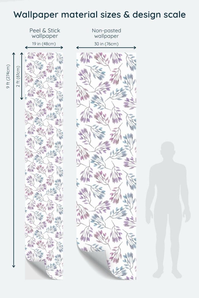 Size comparison of Blue and purple leaf Peel & Stick and Non-pasted wallpapers with design scale relative to human figure
