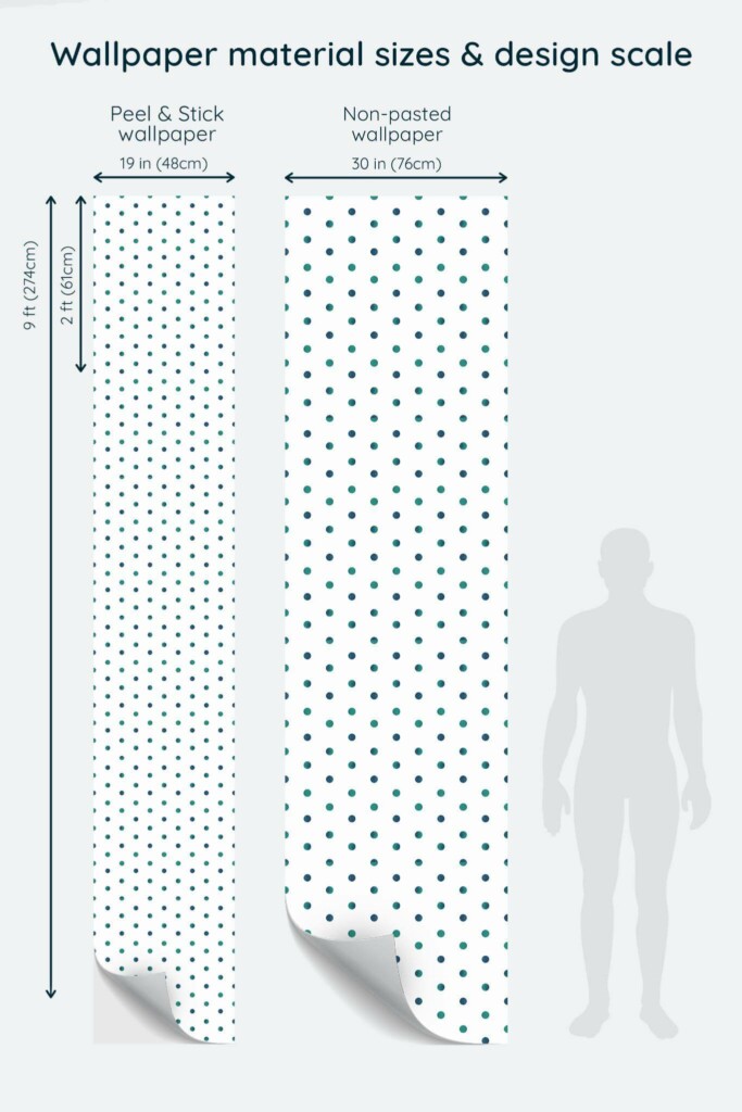 Size comparison of Blue and teal polka dot Peel & Stick and Non-pasted wallpapers with design scale relative to human figure